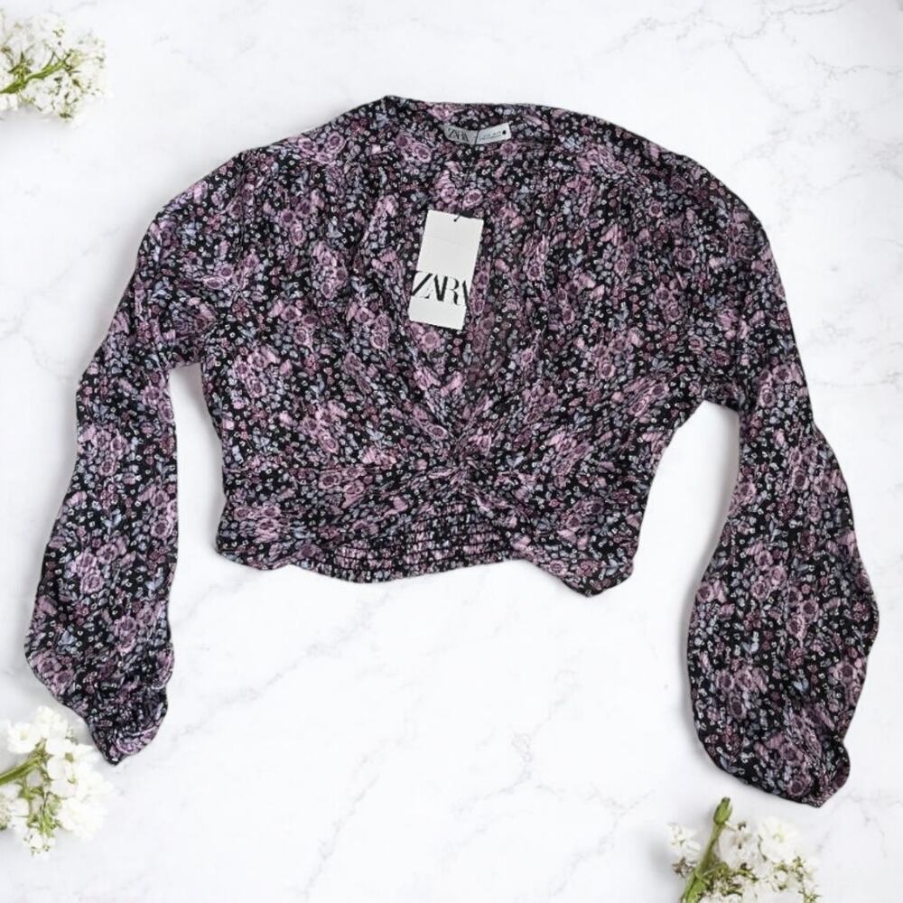 Zara Purple Floral Twist‎ Sheer Cropped Whimsigoth Fairy Floral Blouse NWT Large